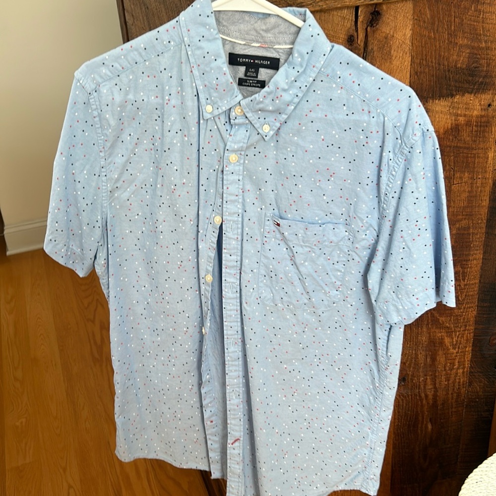 Tommy Hilfiger Slim Fit Red White and Blue Stars Short Sleeve Button up L
